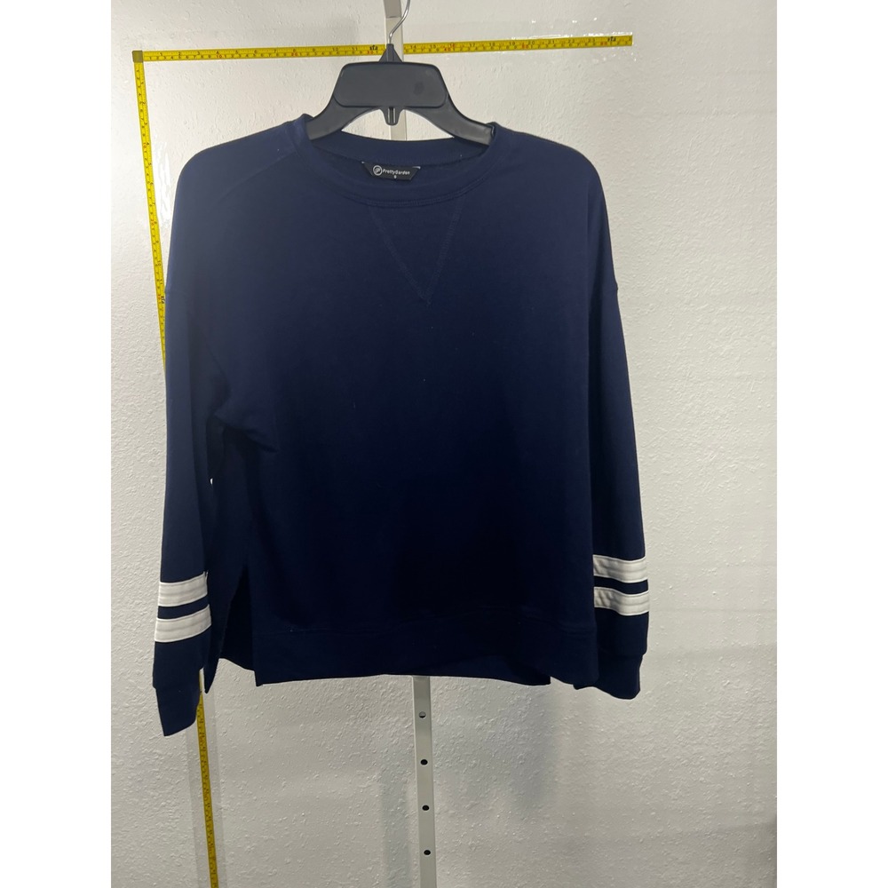 PrettyGarden Navy Blu Varsity Stripe Crewneck Sweatshirt Women Small Relaxed Fit
